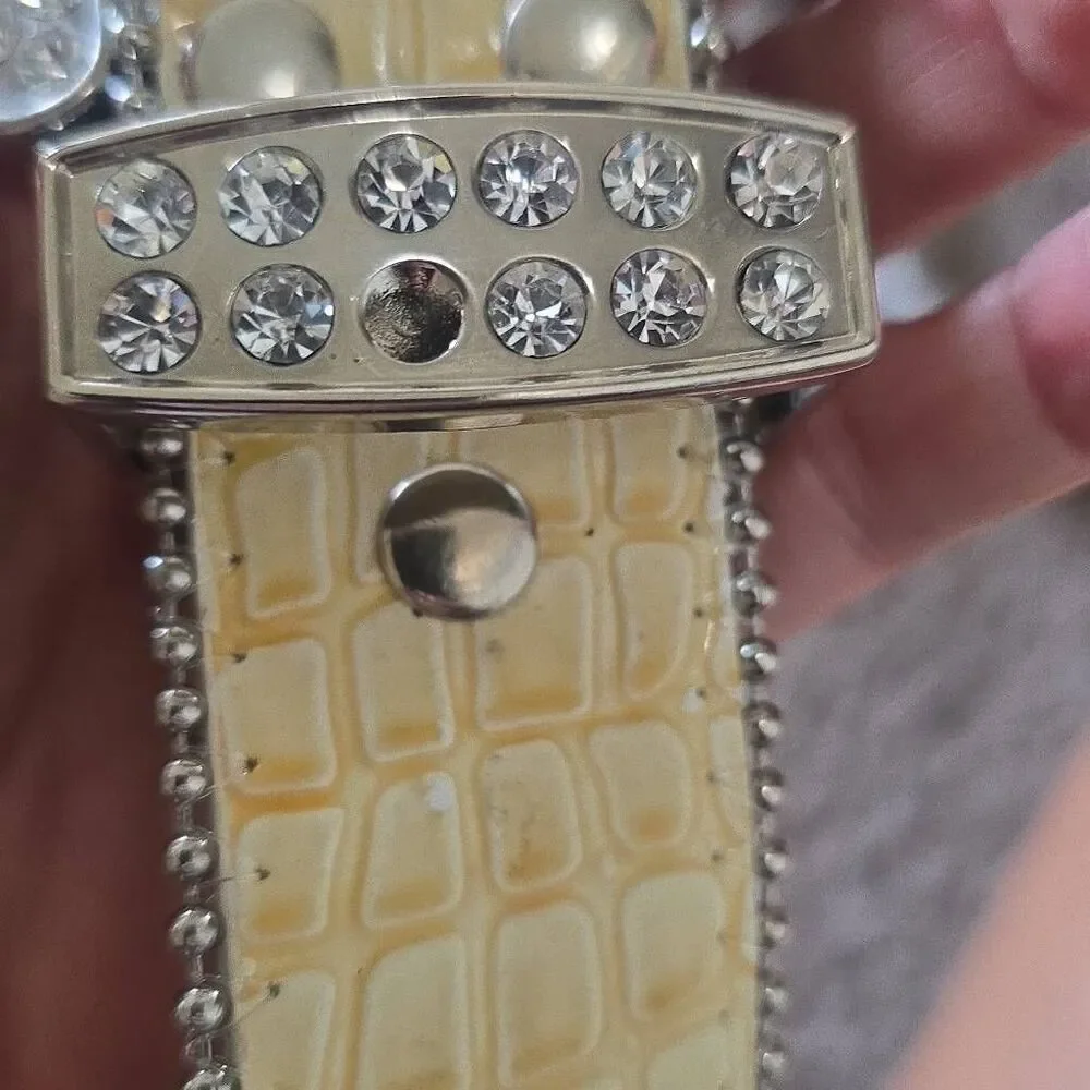 Ladies Western Rhinestone Horseshoe Bkl Yellow/Slvr Genuine Leather Belt, New ML